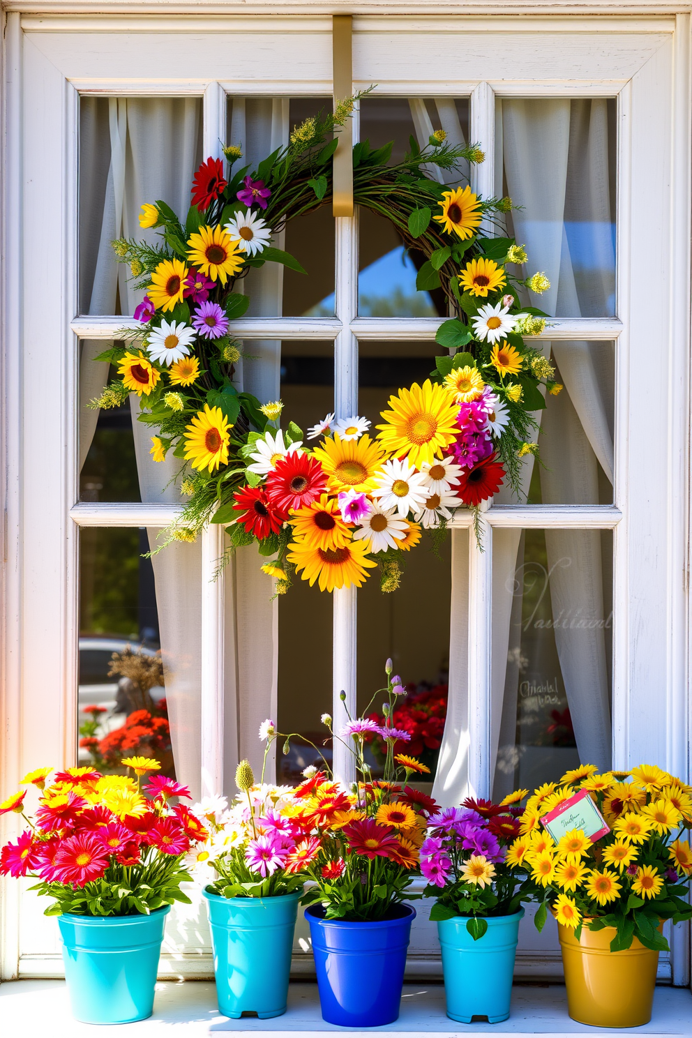 A vibrant summer window display featuring a seasonal wreath adorned with colorful blooms such as sunflowers and daisies. The wreath is hung on a white wooden window frame, with sheer curtains gently fluttering in the warm breeze. Brightly colored pots filled with summer flowers are arranged on the windowsill, creating a cheerful and inviting atmosphere. The sunlight streams through the window, highlighting the vivid hues of the blooms and enhancing the overall seasonal charm.