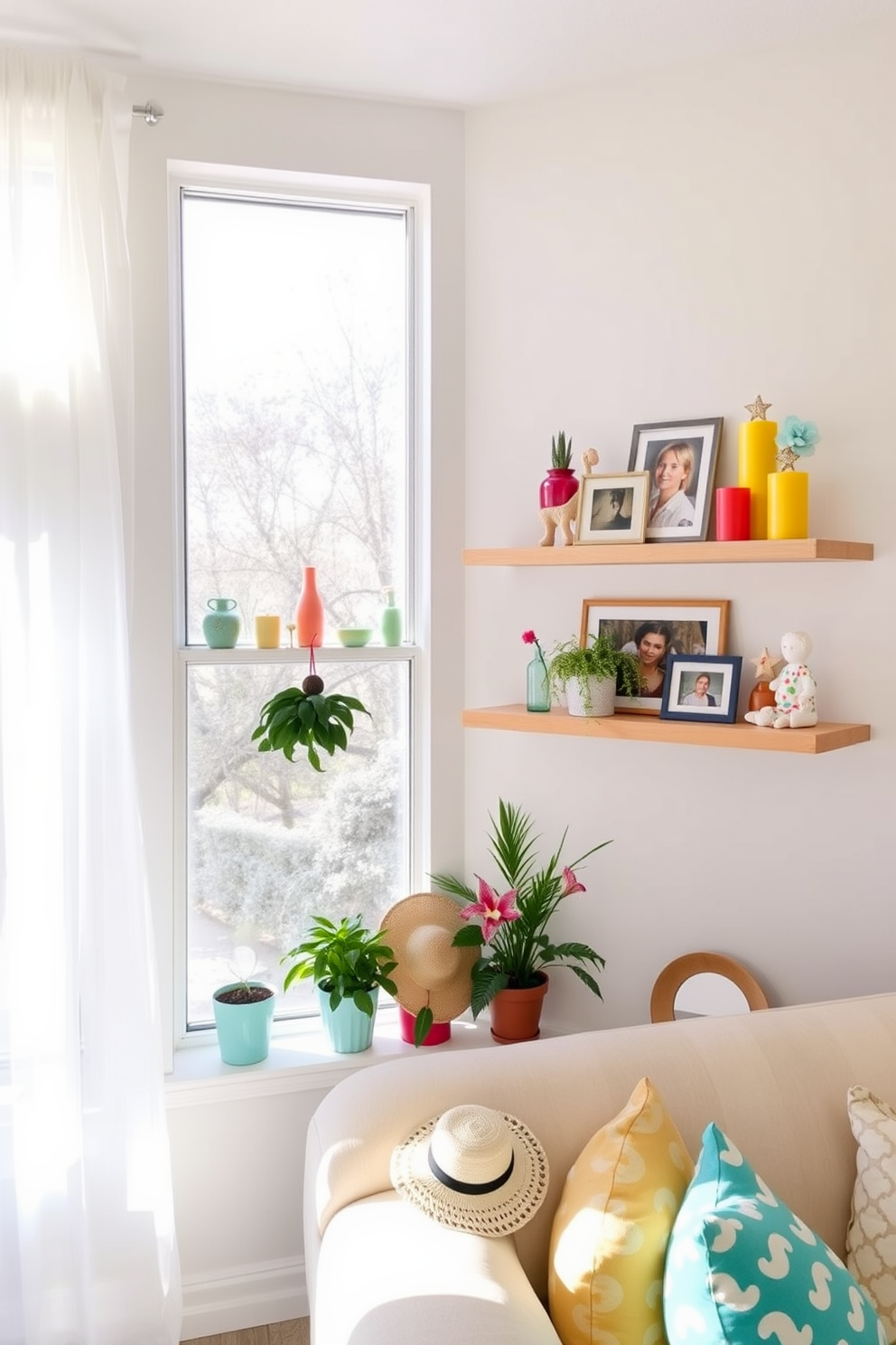 A cozy living room adorned with floating shelves showcasing vibrant summer decor. The shelves are made of light wood and are filled with colorful vases, candles, and framed photos that capture the essence of the season. A bright window dressed with sheer white curtains allows natural light to filter in. A collection of potted plants and seasonal decorations, such as seashells and sun hats, adorn the window sill, creating a cheerful and inviting atmosphere.