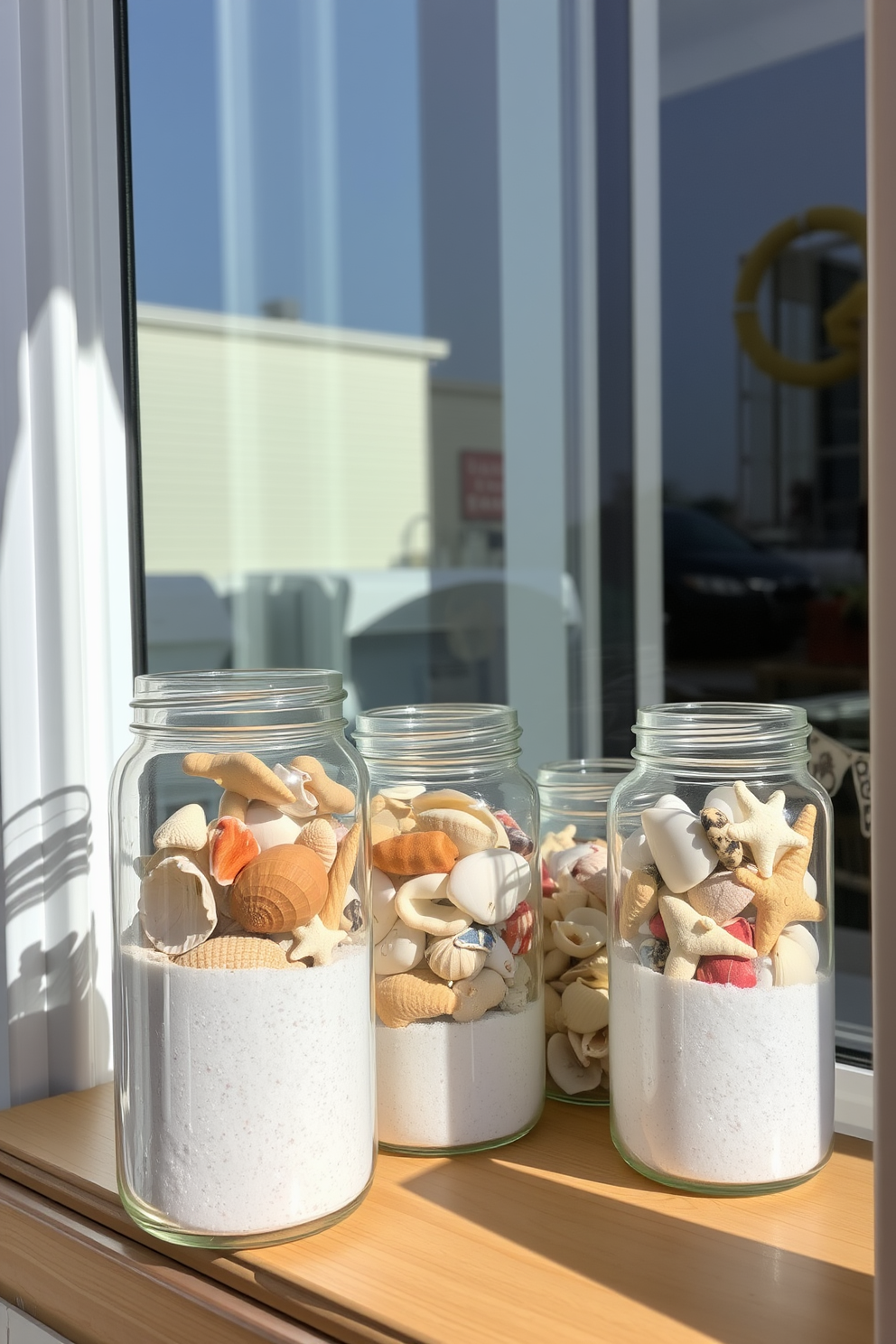 A bright and airy summer window display features glass jars filled with colorful seashells and soft white sand. The jars are arranged on a wooden windowsill, allowing sunlight to illuminate the natural textures and hues of the beach-inspired decor.