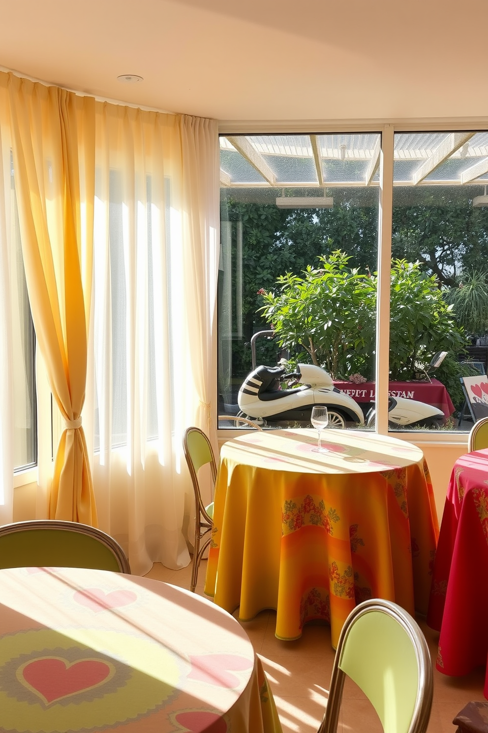 Bright tablecloths drape elegantly over window-side tables creating a vibrant and inviting atmosphere. The sunlight filters through the sheer curtains, casting a warm glow on the colorful patterns of the tablecloths.