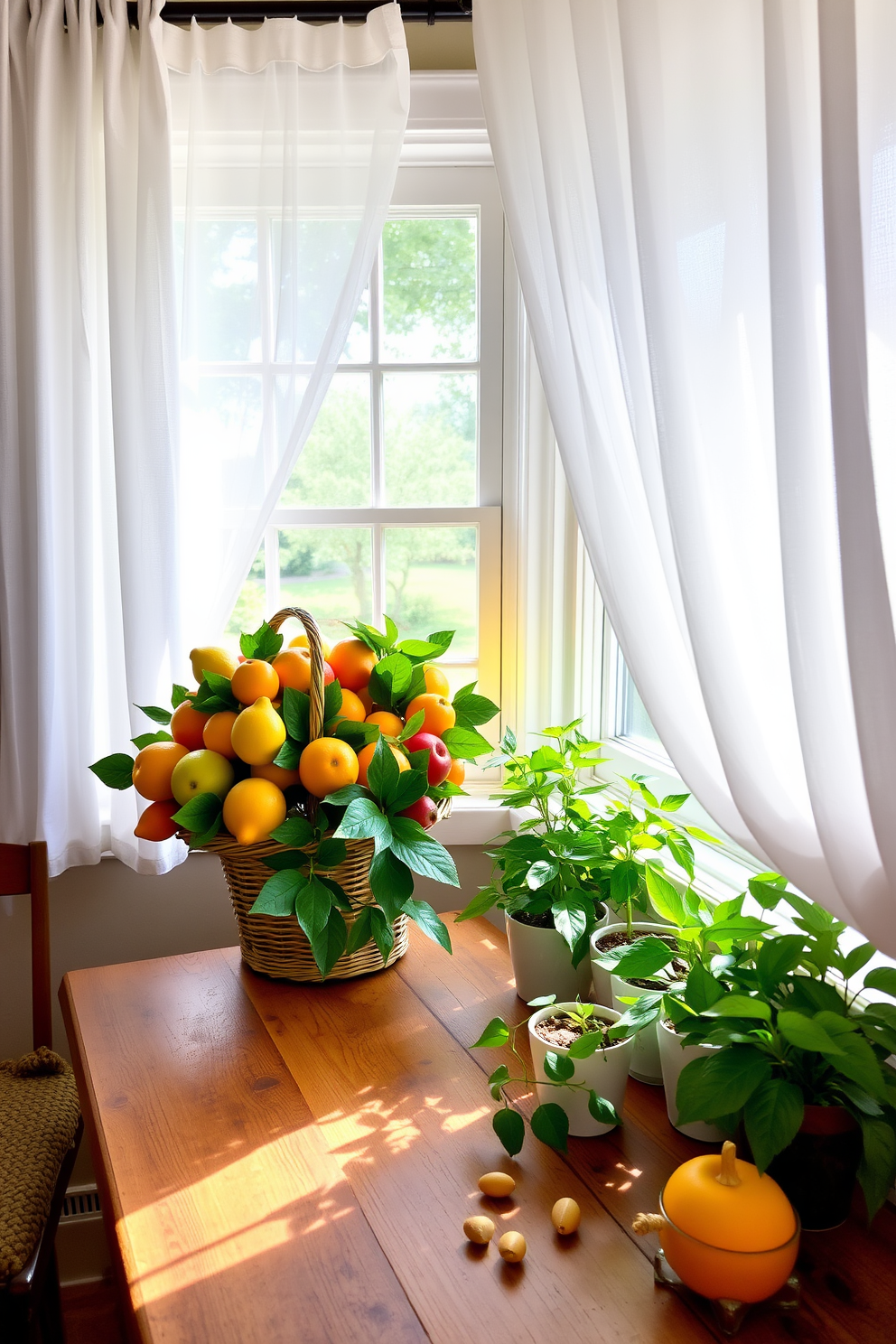 A vibrant display of faux fruit arrangements sits on a rustic wooden table, featuring an assortment of colorful fruits like oranges, lemons, and apples in a woven basket. The arrangement adds a lively touch to the room, enhancing the overall aesthetic with its bright hues and inviting appeal. For summer window decorating ideas, sheer white curtains gently billow in the breeze, allowing natural light to filter through while maintaining privacy. A collection of potted plants with lush green foliage is arranged on the windowsill, bringing a refreshing and vibrant atmosphere to the space.