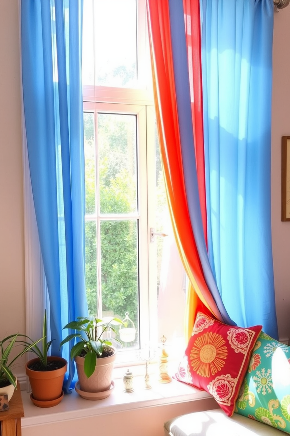 Bright colored drapes hang gracefully from the window, creating a cheerful atmosphere that invites the summer sun indoors. The vibrant hues of the fabric complement the light and airy feel of the room, enhancing the overall decor. Decorative elements like potted plants and colorful cushions adorn the space, bringing a lively touch to the summer theme. The window sill is adorned with small trinkets that reflect the warmth and joy of the season.