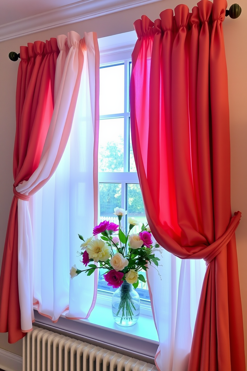 Layered curtains in soft, sheer fabrics create a sense of depth and texture in the room. The curtains are complemented by elegant tiebacks that allow natural light to filter through while adding a touch of sophistication. Bright summer colors and playful patterns adorn the window treatment, bringing a cheerful vibe to the space. Fresh flowers in a vase on the windowsill enhance the seasonal decor and create a welcoming atmosphere.