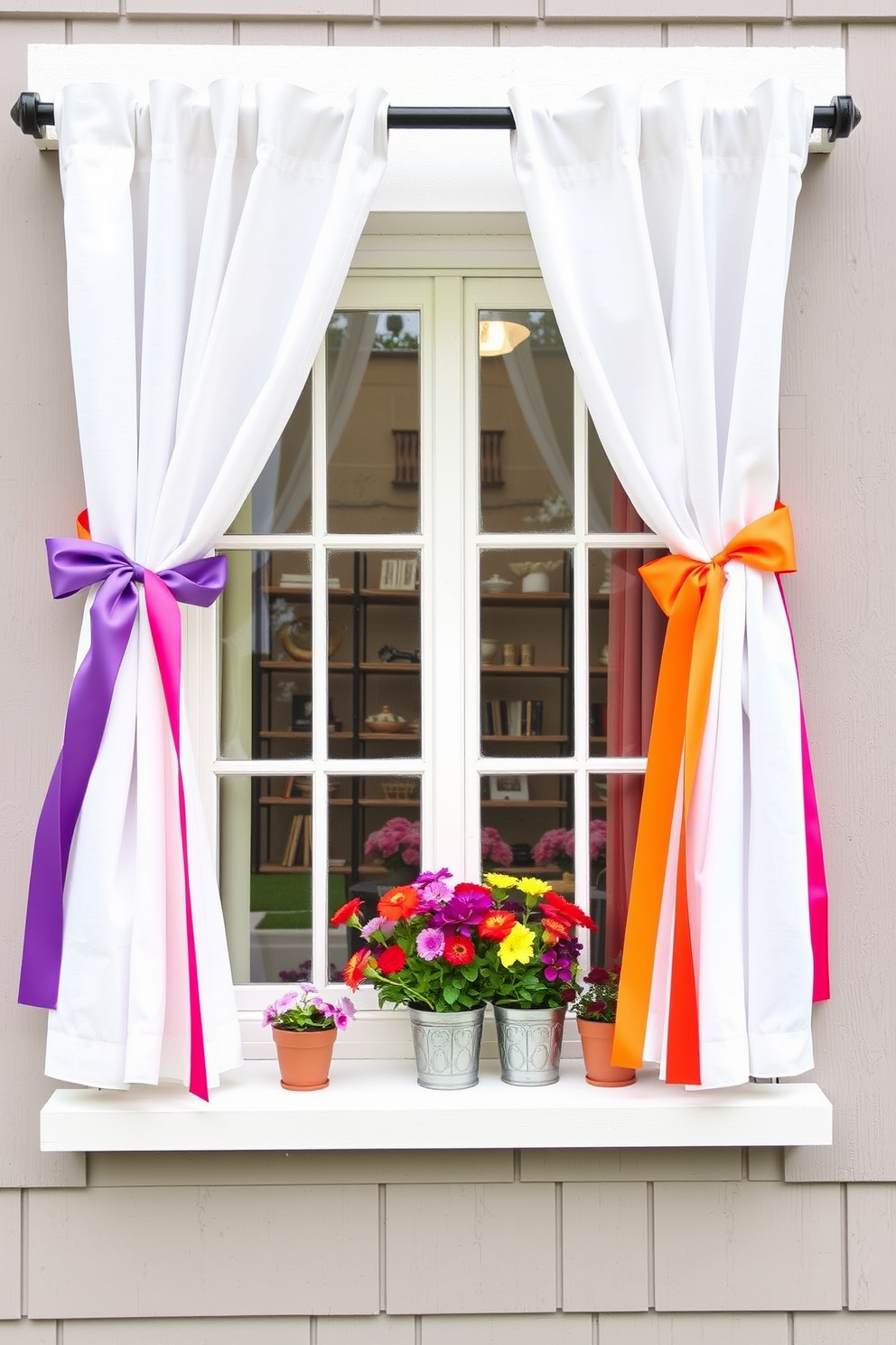 Create a vibrant window display for summer using DIY tiebacks made from bright ribbons. The curtains are elegantly gathered to the side, showcasing a cheerful arrangement of potted flowers on the windowsill.