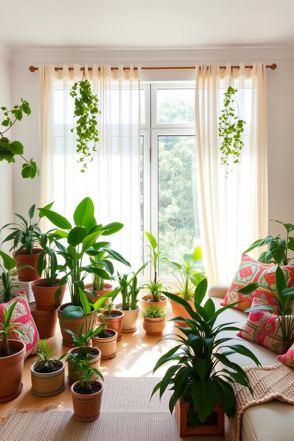 A bright and airy living room filled with potted plants of various sizes. The greenery adds a lively atmosphere, creating a refreshing and inviting space. A large window adorned with light sheer curtains allows natural light to flood the room. Decorative elements like colorful cushions and a woven throw blanket enhance the summer vibe.