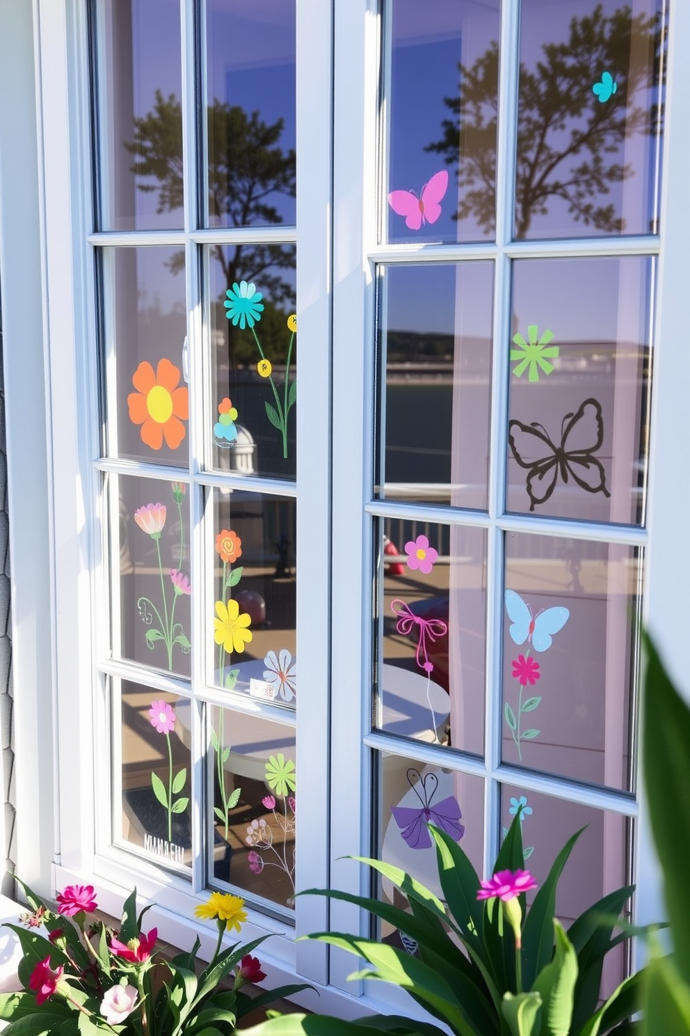 A bright and cheerful window display featuring fun decals on the window panes that add a whimsical touch. The decals showcase colorful designs like flowers, butterflies, and playful patterns that evoke a sense of joy and creativity for summer decorating.