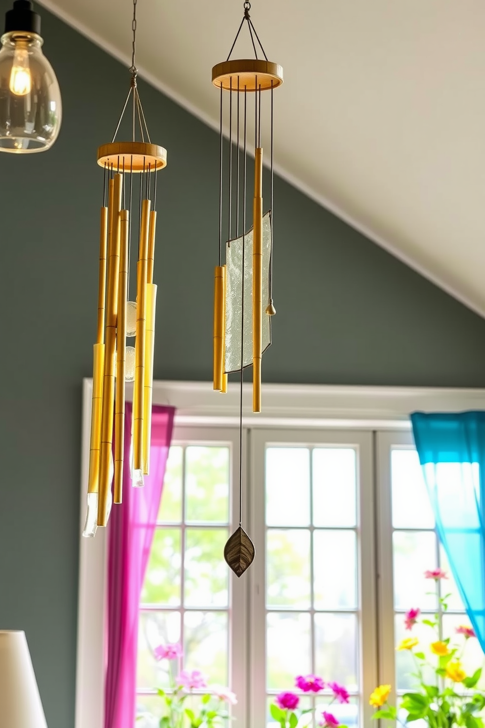 Create a serene indoor space featuring hanging wind chimes made from bamboo and glass. The chimes gently sway in the breeze, producing soothing sounds that enhance the tranquil atmosphere. Design a bright summer window display filled with vibrant flowers and greenery. Incorporate colorful curtains that flutter with the wind, adding a cheerful touch to the overall ambiance.