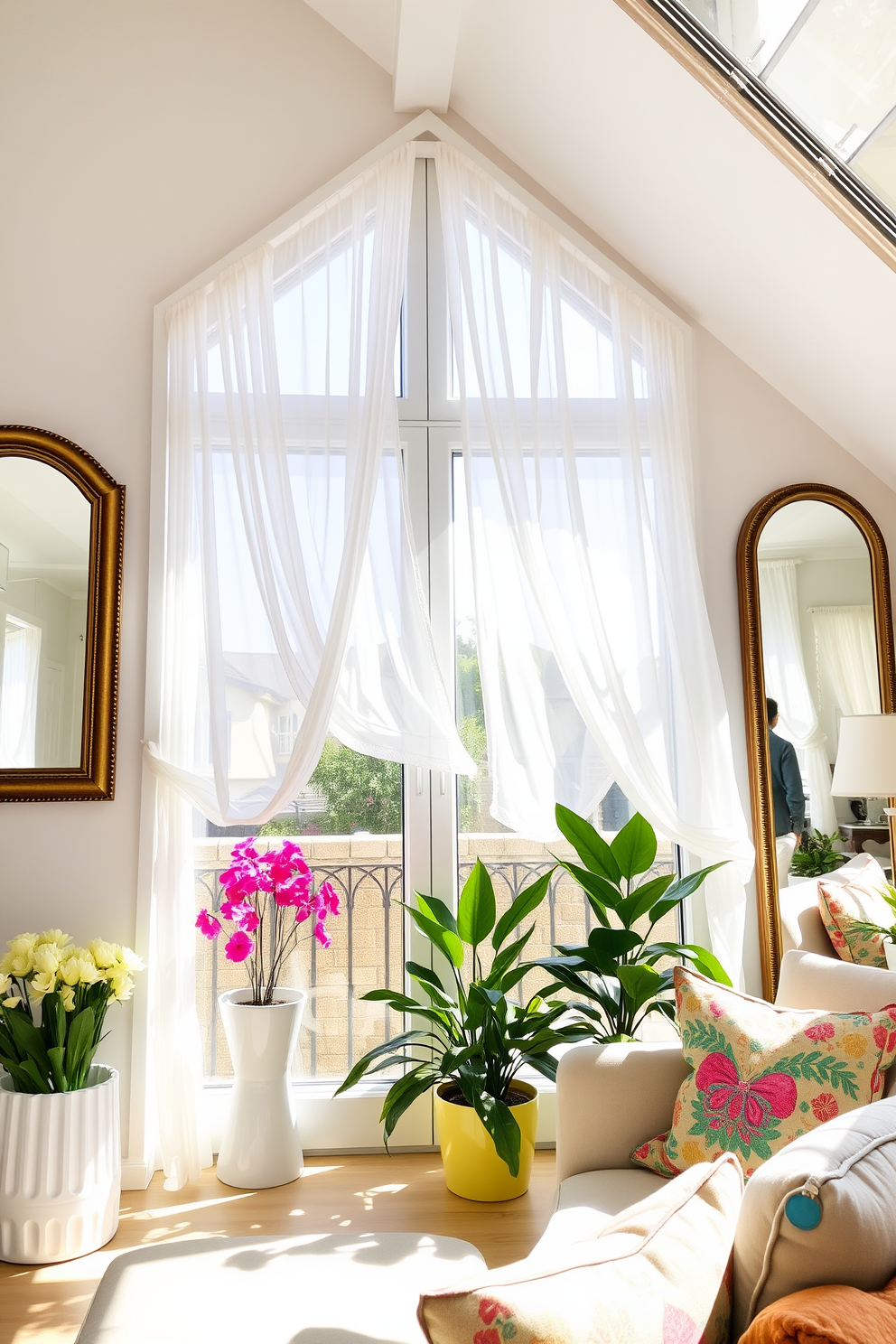 A bright and airy living room features large windows adorned with sheer white curtains that flutter gently in the summer breeze. Strategically placed mirrors reflect natural light, creating a warm and inviting atmosphere. The decor includes vibrant potted plants positioned near the windows, adding a touch of greenery to the space. A cozy seating area is arranged with colorful throw pillows that complement the seasonal theme.