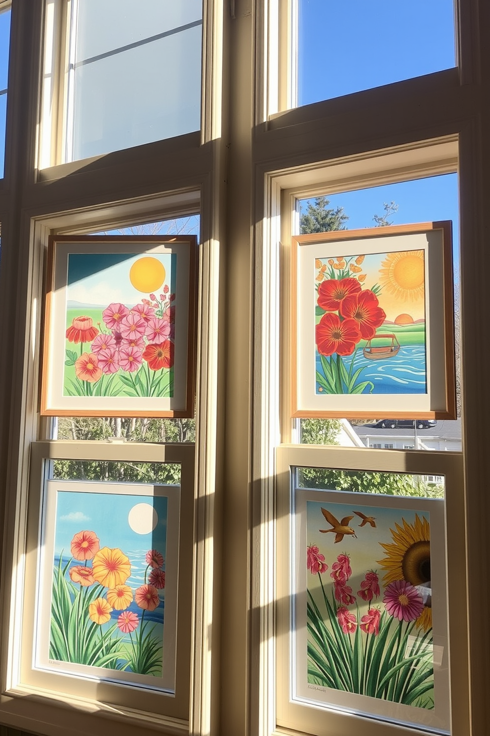 Seasonal artwork is elegantly arranged in the windows, showcasing vibrant colors and themes that reflect the warmth of summer. Each piece is framed in light wood, enhancing the natural light that floods the space.