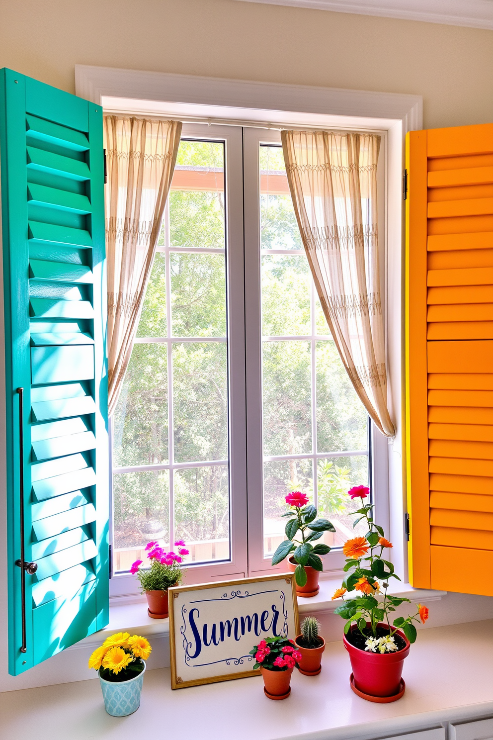 Brightly painted shutters in vibrant colors frame a large window, creating a cheerful focal point in the room. The shutters are complemented by light, airy curtains that flutter gently in the summer breeze, enhancing the inviting atmosphere. On the window sill, potted plants and colorful flowers add a touch of nature, bringing life to the space. A small decorative sign with a summer theme rests beside the plants, completing the seasonal decor.