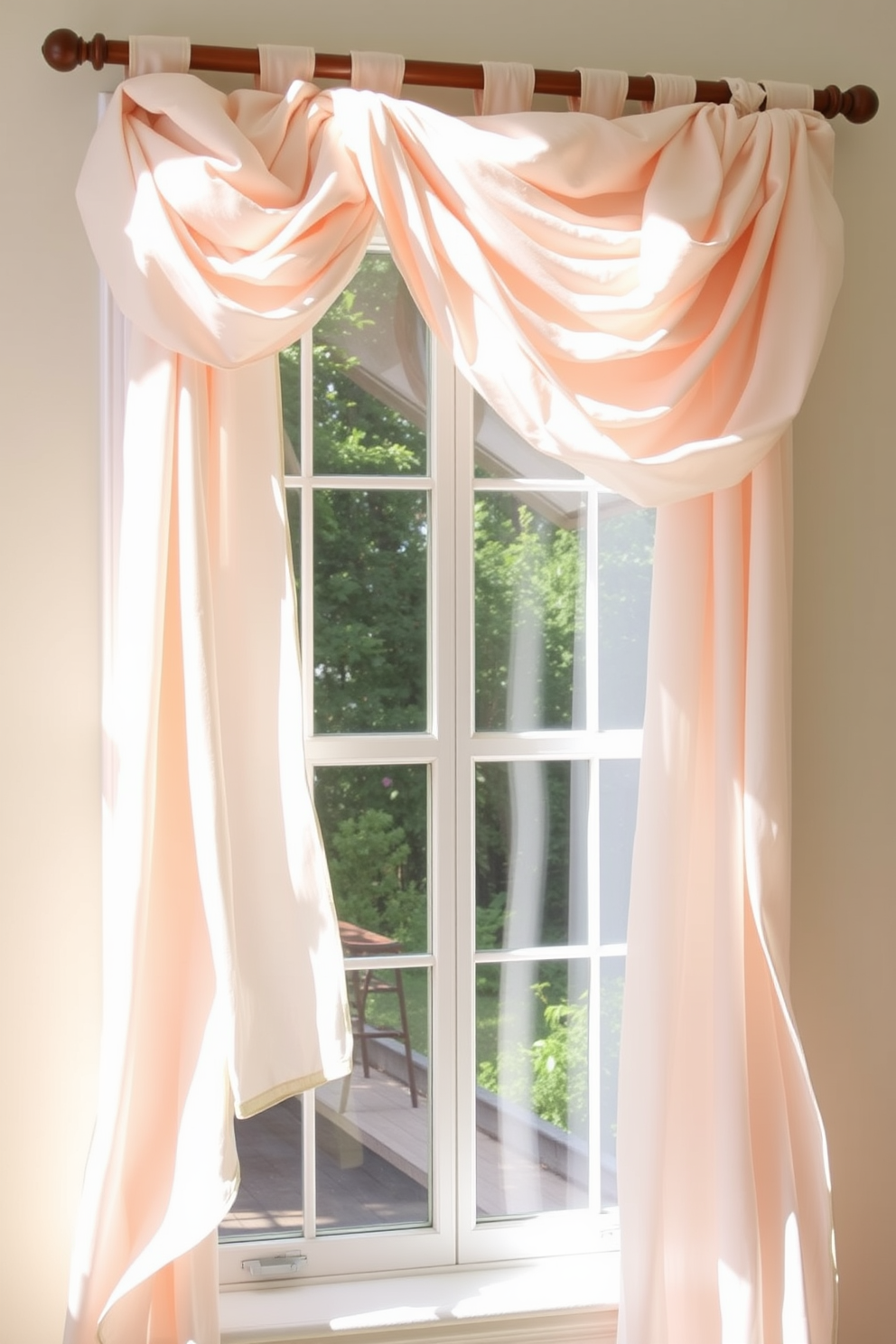 Create a dreamy summer window display featuring soft fabric swags that drape elegantly from a wooden curtain rod. The swags should be in pastel colors, gently flowing with the breeze, complemented by light sheer curtains that filter sunlight beautifully.