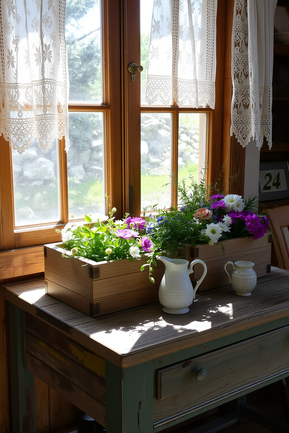 Rustic wooden boxes filled with fresh flowers and greenery sit on a weathered wooden table, evoking a cozy farmhouse atmosphere. Sunlight streams through the window, illuminating the natural textures and creating a warm, inviting space. Lace curtains gently flutter in the breeze, adding a touch of softness to the rustic decor. A small vintage pitcher rests beside the wooden boxes, completing the charming summer window display.