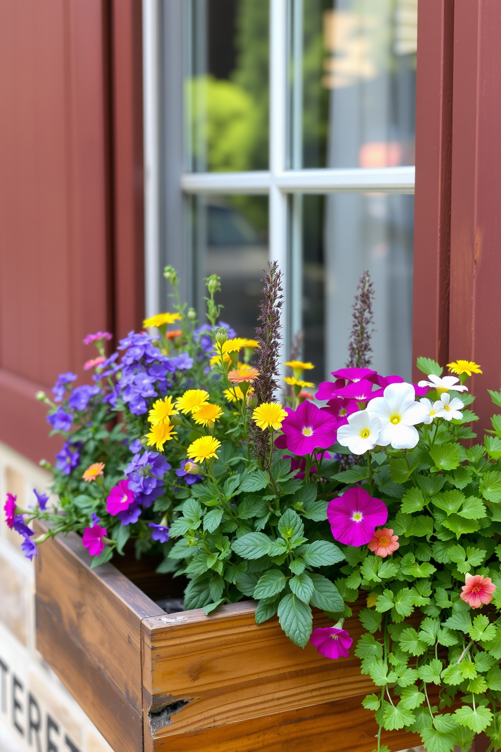 Fresh flower window boxes filled with vibrant herbs create a charming and inviting atmosphere. The boxes are made of rustic wood and are adorned with colorful blooms, adding a touch of nature to the summer decor.