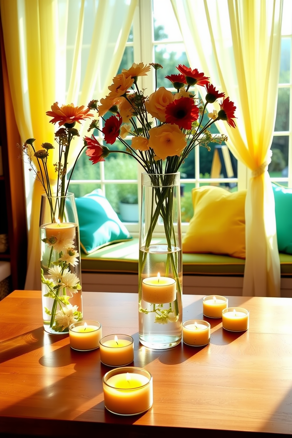 A serene display of floating candles gently illuminates water-filled vases placed on a wooden table. The vases are filled with fresh flowers, creating a tranquil ambiance perfect for summer evenings. Brightly colored cushions adorn a window seat, inviting relaxation and enjoyment of the summer breeze. Sheer curtains flutter softly, allowing natural light to fill the space while providing a cheerful and inviting atmosphere.