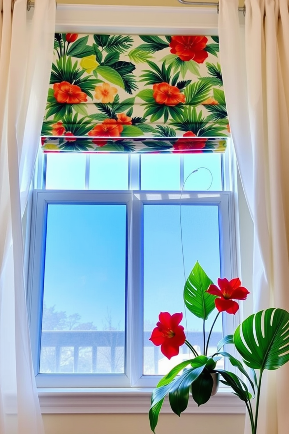 Tropical print shades adorn the windows, bringing a vibrant and playful atmosphere to the room. The bright colors and bold patterns complement the light, airy feel of summer, creating a cheerful focal point in the space. The shades are paired with light, sheer curtains that flutter gently in the breeze, allowing natural light to filter through. Accents of greenery and tropical decor enhance the theme, making the window area a lively and inviting spot.