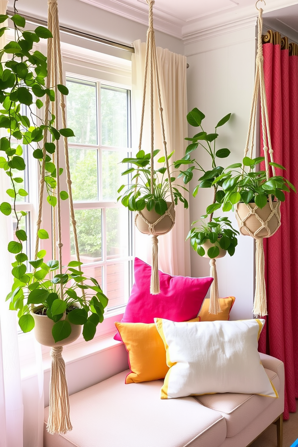 Hanging macrame plant holders elegantly display vibrant greenery throughout the room. The soft texture of the macrame complements the fresh leaves, creating a serene and inviting atmosphere. Summer window decorating ideas incorporate light and airy fabrics to enhance natural light. Brightly colored cushions and sheer curtains add a cheerful touch, making the space feel warm and welcoming.