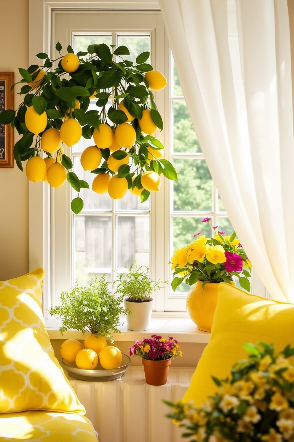 Lemon themed decor includes bright yellow accents and fresh lemon centerpieces that bring a cheerful vibe to any space. Use lemon-patterned cushions and tableware to enhance the sunny atmosphere in your home. For summer window decorating ideas, consider sheer white curtains that allow natural light to filter through while maintaining privacy. Adorn the window sill with potted herbs and colorful flowers to create a fresh and inviting look.