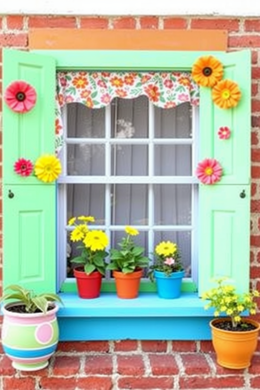 A bright and cheerful summer window display featuring DIY painted window frames in vibrant colors. The window frames are adorned with playful floral curtains, and potted plants in varying heights are placed on the windowsill to enhance the lively atmosphere.