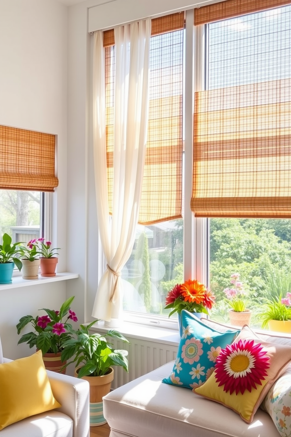 A bright and airy living room featuring translucent bamboo shades that filter natural light beautifully. The shades are paired with light, breezy curtains that flutter gently in the summer breeze, enhancing the room's relaxed vibe. The windowsills are adorned with vibrant potted plants and colorful summer-themed decorations. A cozy seating area with a light-colored sofa and cheerful throw pillows completes the inviting atmosphere.