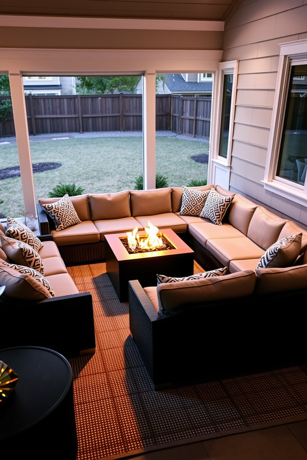 A cozy sectional sofa is arranged around a modern fire pit, creating an inviting atmosphere for relaxation and gatherings. The sunken living room features soft ambient lighting, with plush throw pillows and a textured rug to enhance comfort and style.