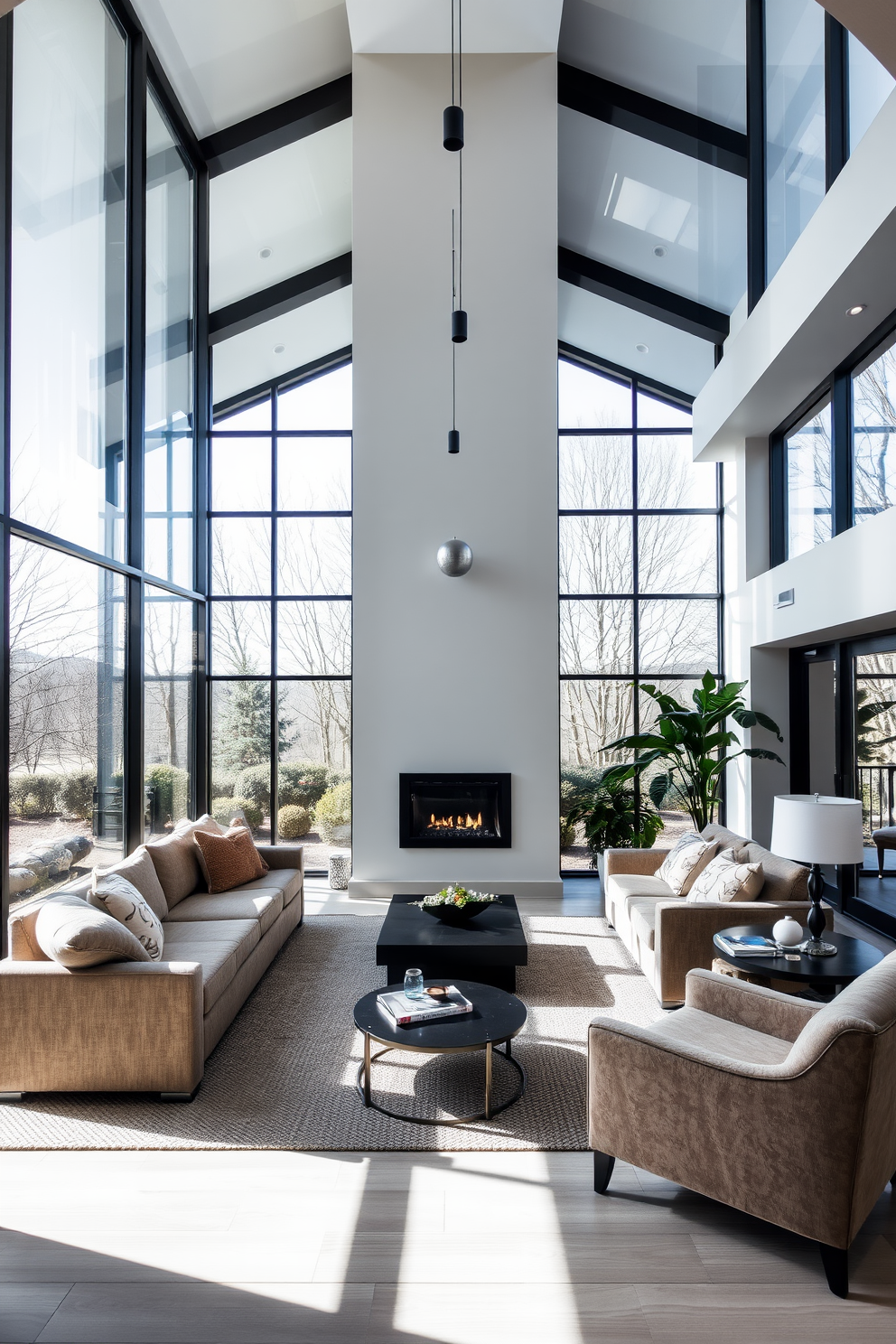 A sunken living room features a cozy seating area surrounded by plush sofas and accent chairs. The glass wall allows natural light to flood the space, creating an airy and open atmosphere. Incorporate a modern fireplace as a focal point, enhancing the warmth and comfort of the room. Use layered lighting with pendant fixtures and recessed lights to highlight the architectural features and create a welcoming ambiance.