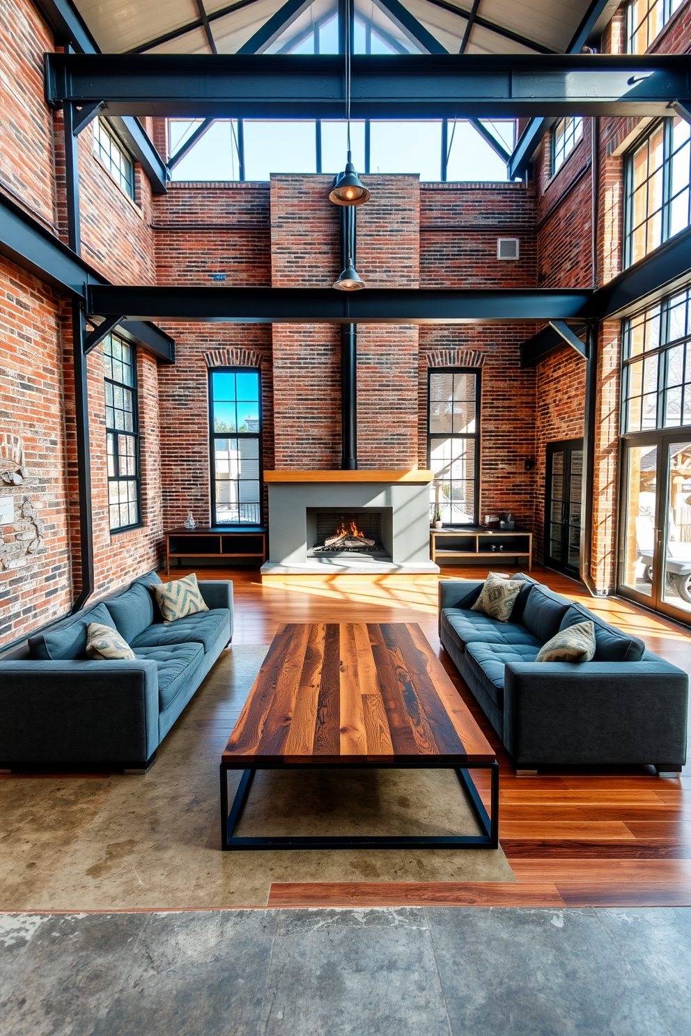 A spacious sunken living room featuring exposed brick walls and large metal beams. The floor is a mix of polished concrete and warm wood, with a large sectional sofa in a deep gray fabric facing a modern fireplace. Industrial style elements include metal accents in the furniture and lighting fixtures. Large windows allow natural light to flood the space, highlighting a stylish coffee table made from reclaimed wood and steel.