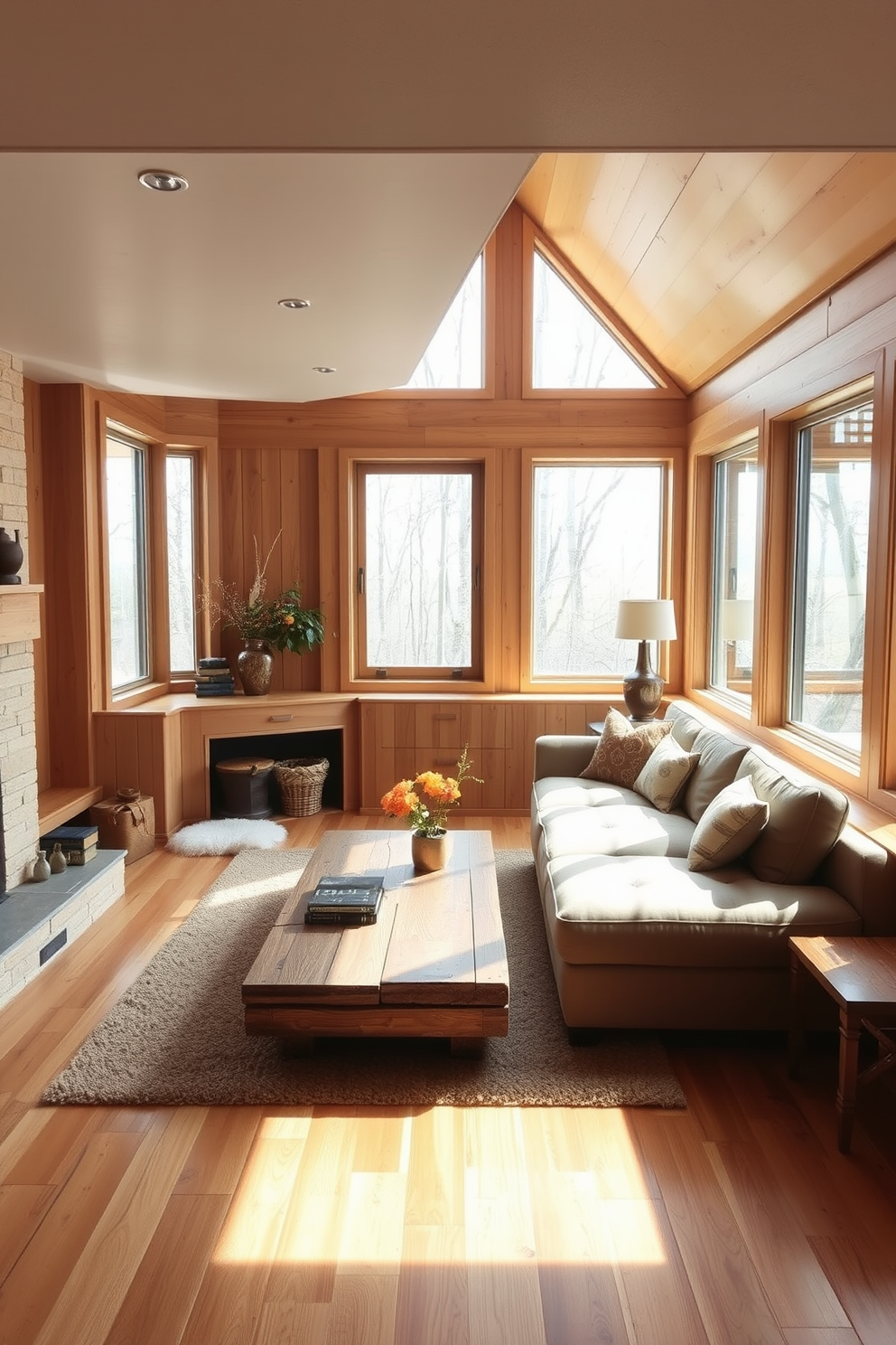 Textured walls create an inviting atmosphere while adding visual interest to the space. The sunken living room features plush seating arrangements, complemented by layered lighting that highlights the unique wall textures.