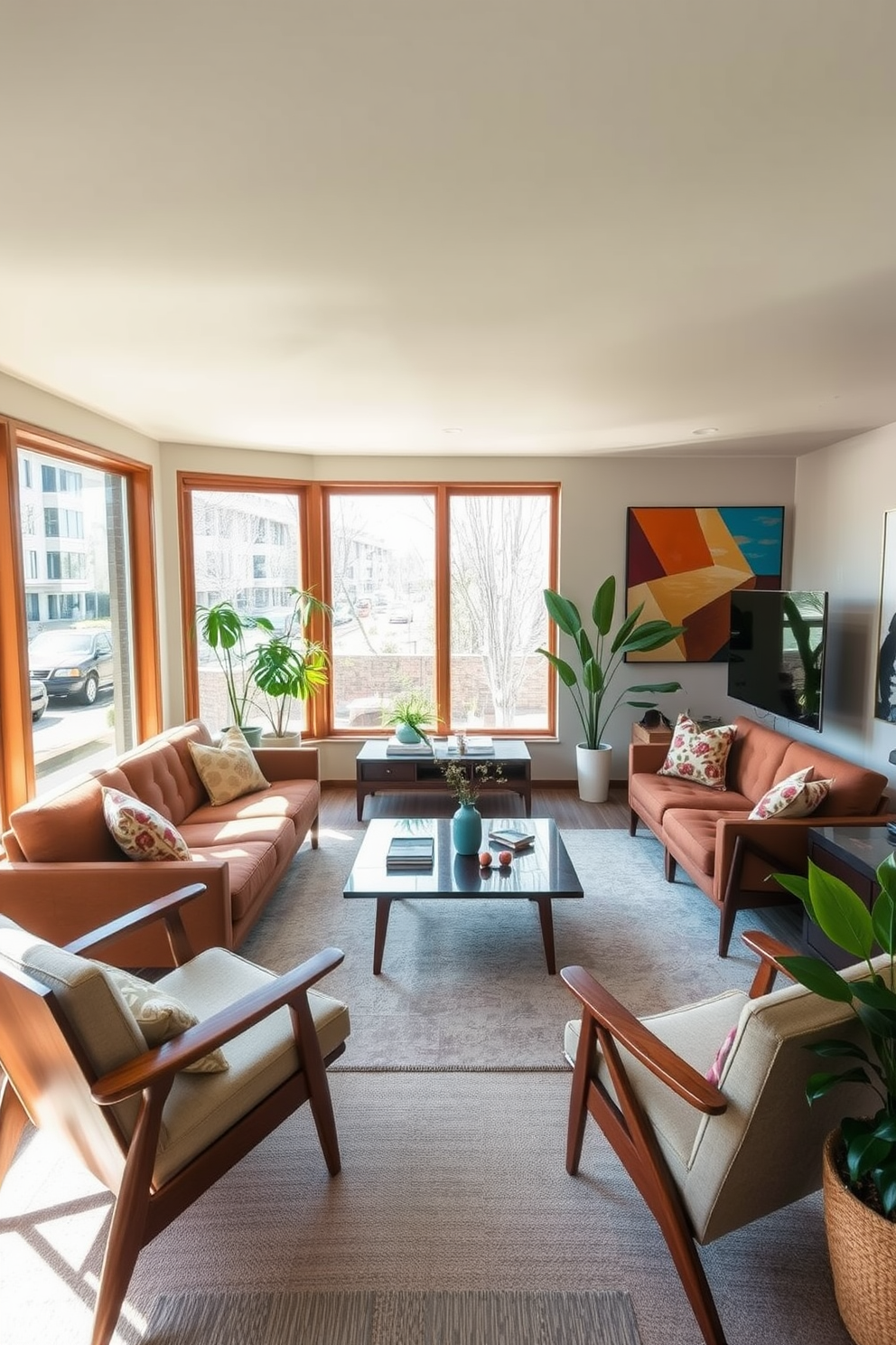 A sunken living room features mid-century modern furniture pieces that create an inviting and stylish atmosphere. The space is anchored by a large sectional sofa in a rich fabric, complemented by a vintage coffee table and accent chairs with sleek lines and warm wood tones. The walls are adorned with abstract art that reflects the color palette of the room, enhancing the mid-century modern aesthetic. Large windows allow natural light to flood the space, while strategically placed plants add a touch of greenery and warmth.