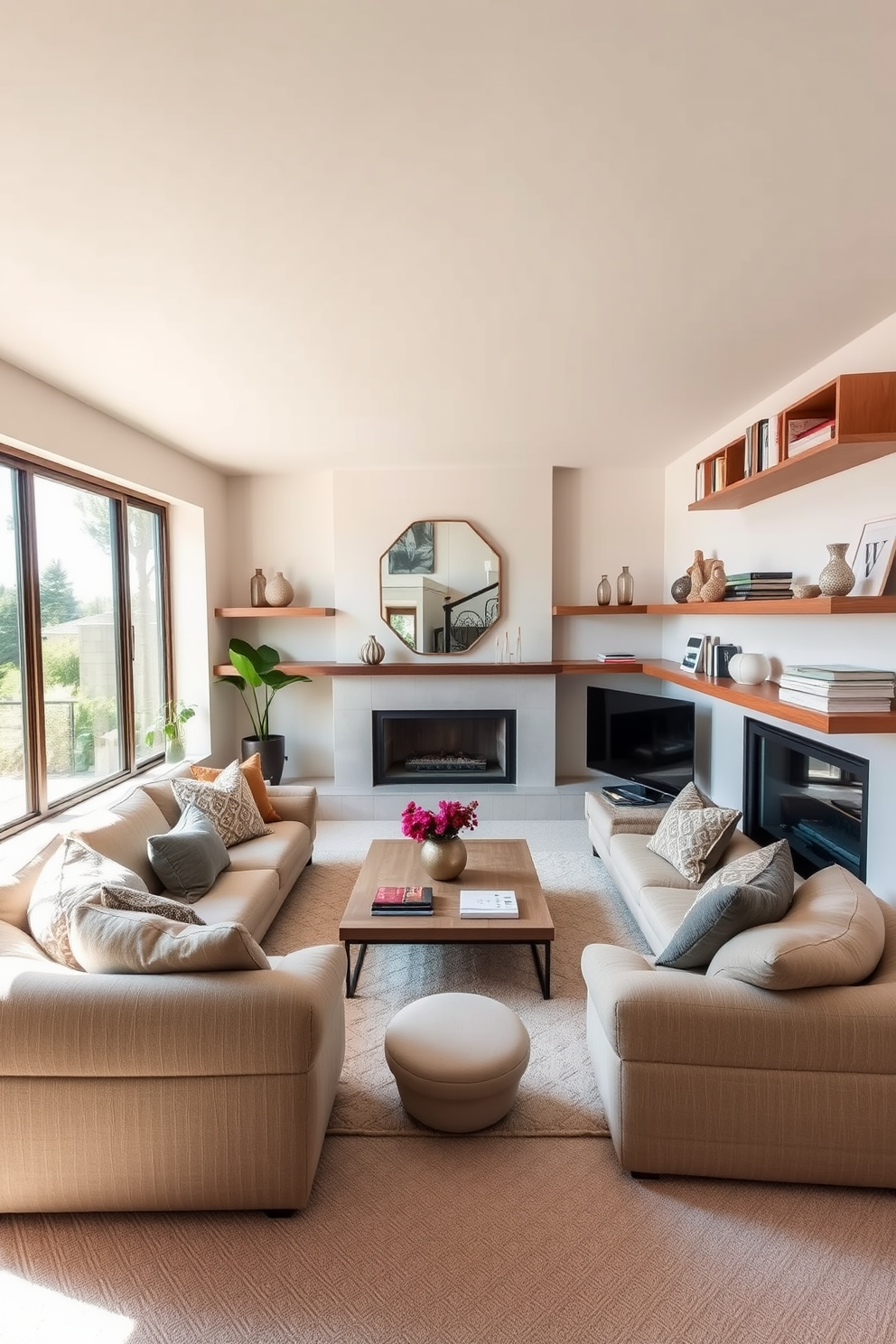 A cozy sunken living room features plush seating arranged around a central coffee table, creating an inviting atmosphere. The walls are adorned with soft, neutral tones, and large windows allow natural light to flood the space. Floating shelves are installed on the walls, showcasing a curated selection of decorative items and books. The shelves are made of natural wood, adding warmth and character to the room's overall design.