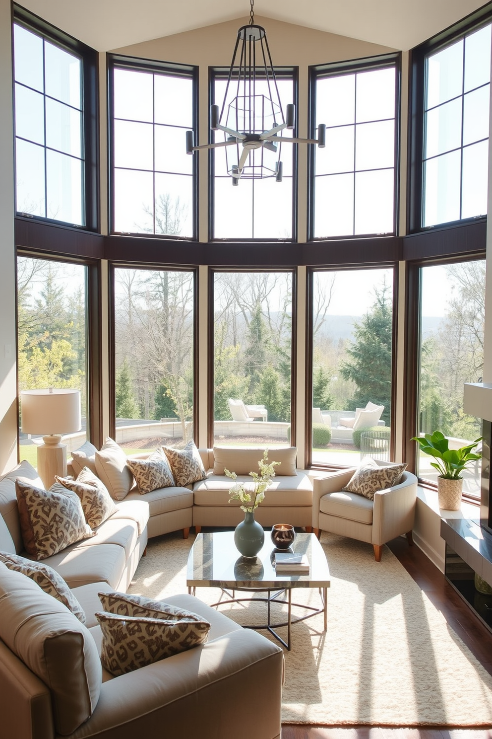 A sunken living room designed for relaxation features plush seating in soft neutral tones. Large windows allow natural light to flood the space, enhancing the serene atmosphere.