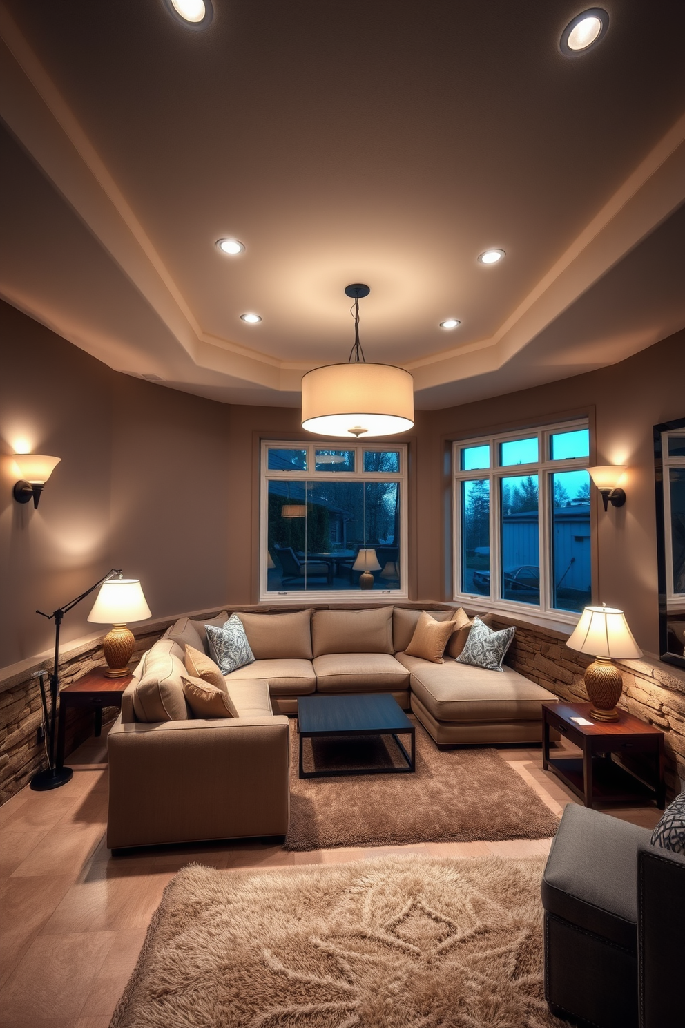 A sunken living room featuring a cozy sectional sofa in a warm beige fabric. The space is illuminated by layered lighting including recessed ceiling lights, floor lamps with soft shades, and wall sconces that create a welcoming ambiance. The sunken area is framed by a low stone wall, enhancing the sense of intimacy. Plush area rugs define the seating arrangement, while large windows allow natural light to flood the space during the day.