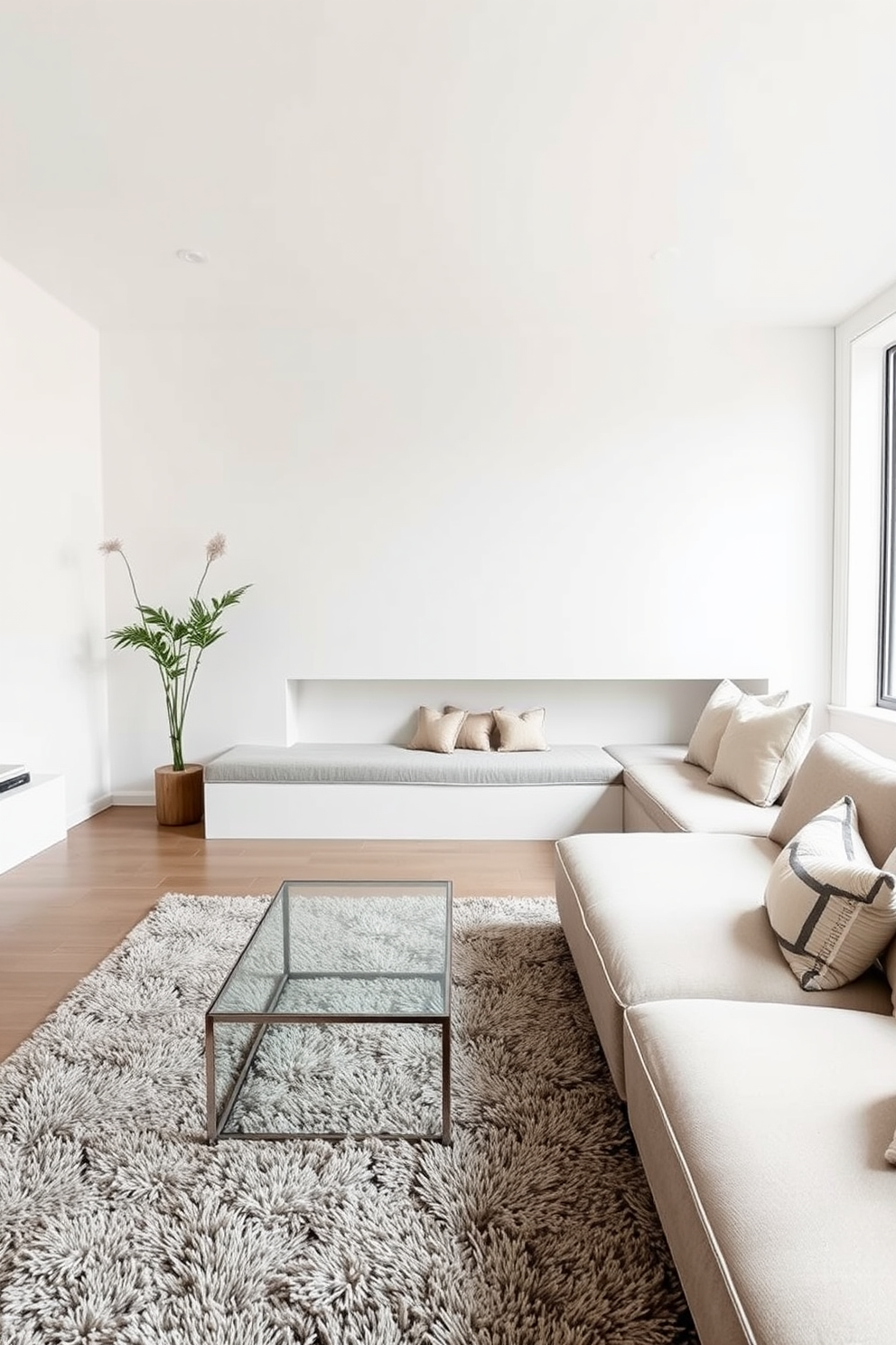 Minimalist design for a clean look. The living room features a low-profile sectional sofa in a neutral color, paired with a sleek coffee table made of glass and metal. Sunken living room design ideas. The space includes a sunken area with a plush area rug, surrounded by built-in seating and accent pillows in soft tones.