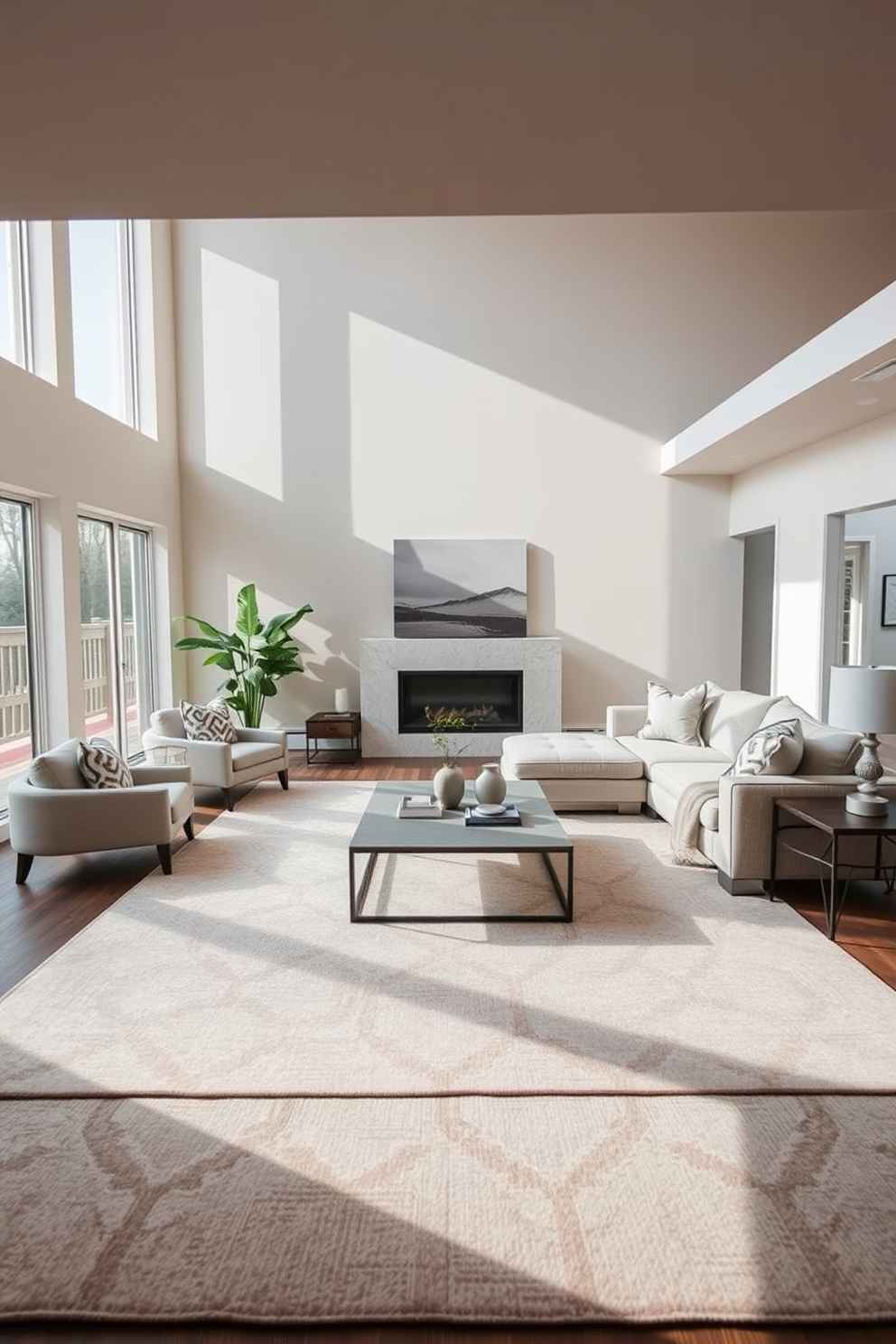 A large area rug anchors the sunken living room, adding warmth and texture to the space. The rug features a geometric pattern in soft neutral tones, complementing the surrounding furniture. The sunken living room is designed with plush sectional seating arranged around a modern coffee table. Floor-to-ceiling windows allow natural light to flood the area, enhancing the inviting atmosphere.