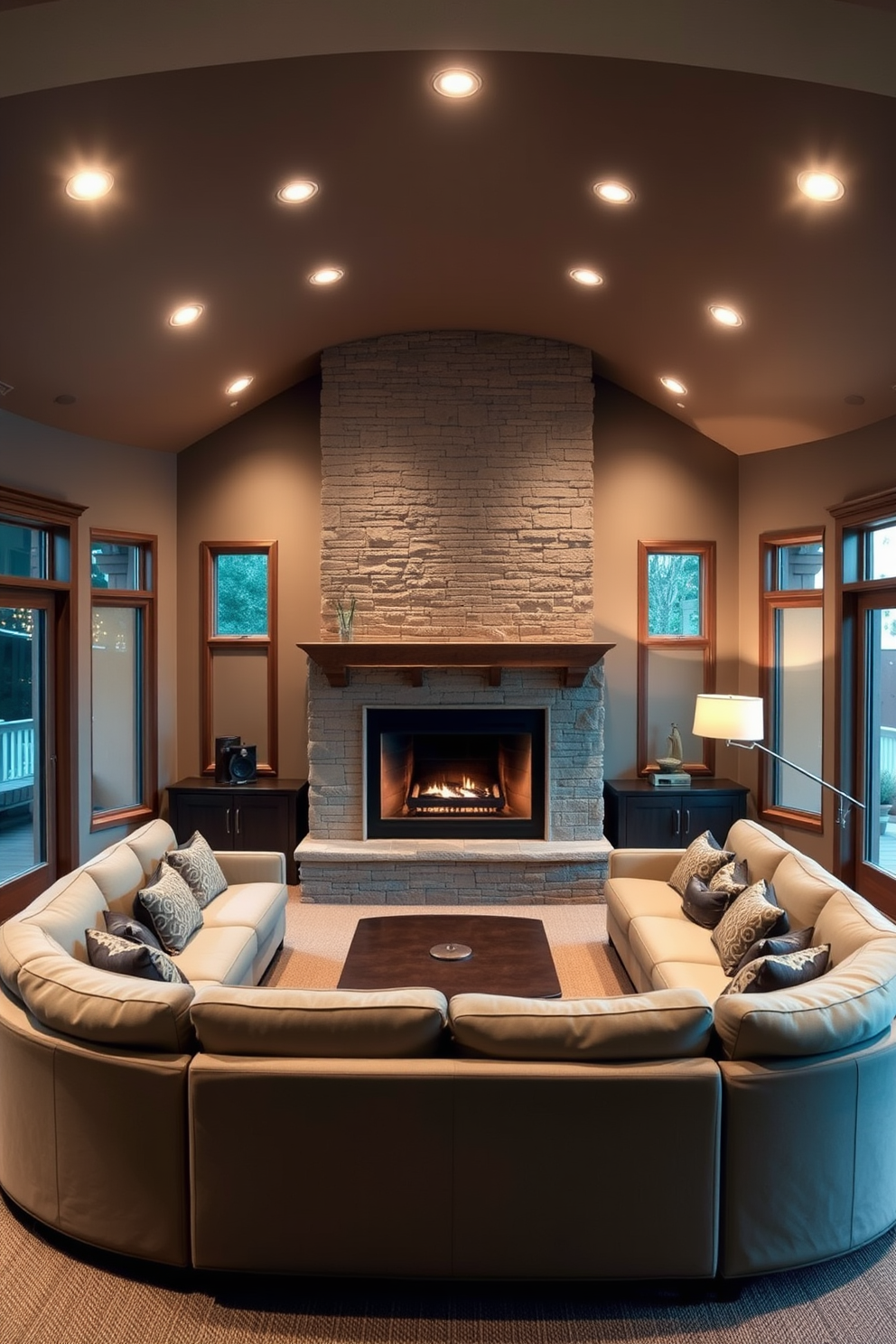 A cozy sunken living room featuring a stunning fireplace as the central focus. The fireplace is surrounded by elegant stonework, creating a warm and inviting atmosphere for relaxation and gatherings. The seating area includes plush sectional sofas arranged in a circular layout, encouraging conversation and connection. Soft, ambient lighting is incorporated through recessed fixtures and stylish floor lamps, enhancing the intimate feel of the space.