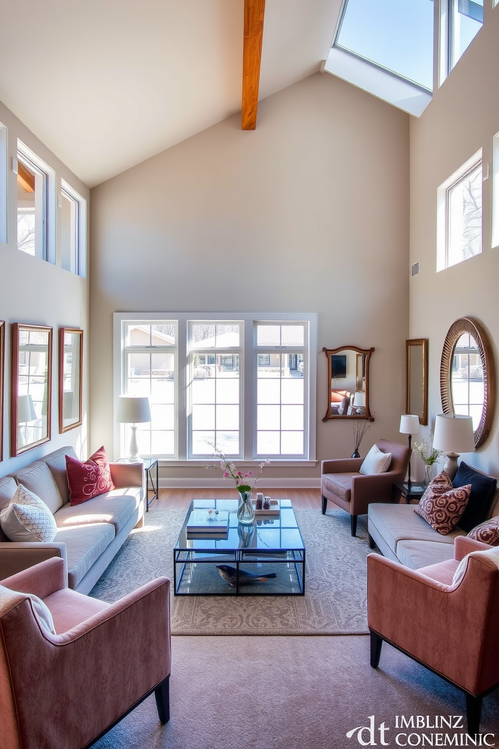 A sunken living room features a cozy seating area that is slightly lower than the surrounding floor level. The space is defined by contrasting materials such as plush velvet sofas and sleek wooden accents, creating a harmonious blend of comfort and elegance. Large windows allow natural light to flood the room, highlighting the unique architectural design. A statement coffee table made of glass and metal sits at the center, surrounded by vibrant area rugs that add warmth and texture to the space.