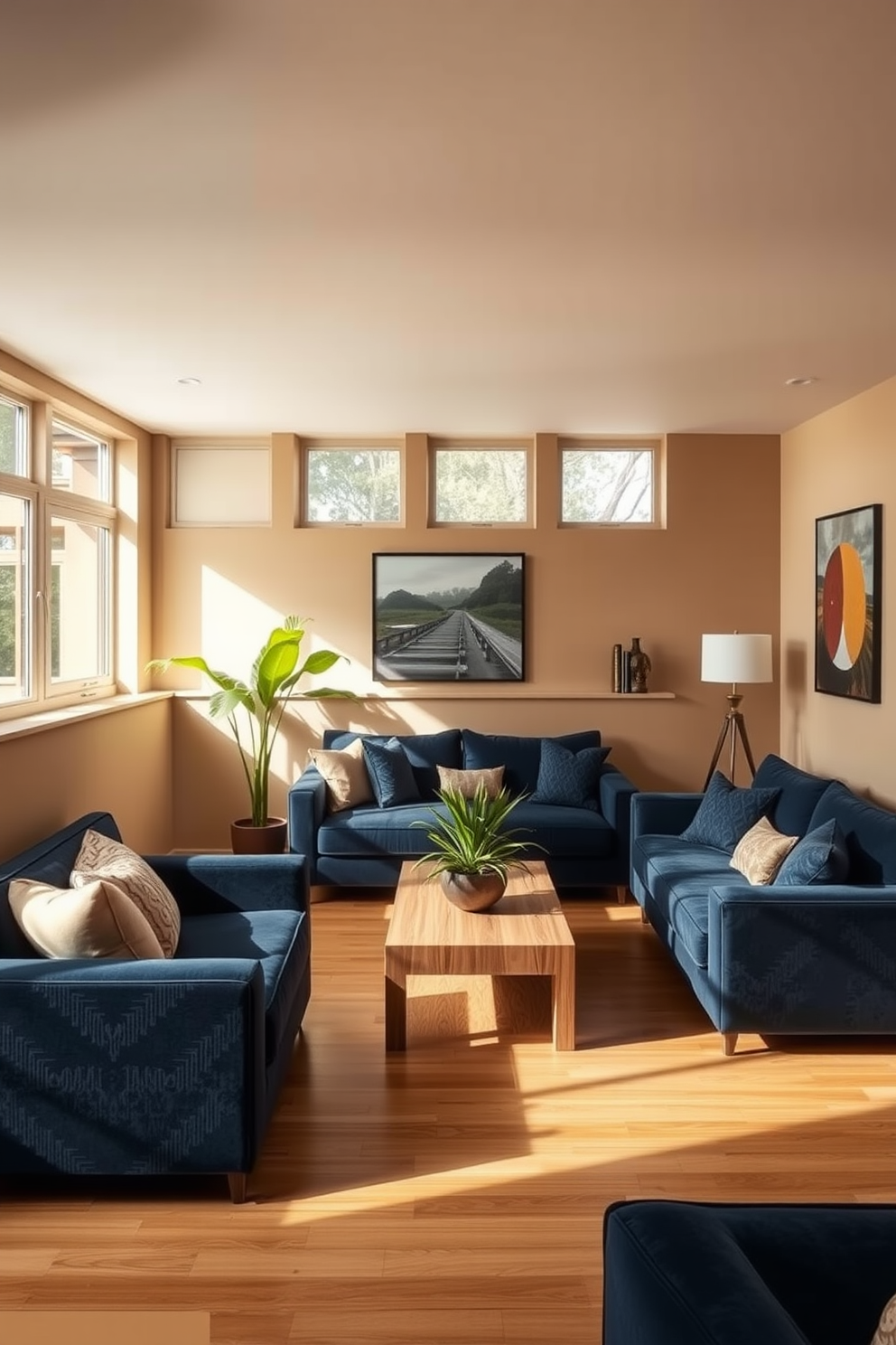 A sunken living room features a cozy seating area that is slightly lower than the surrounding floor level. The walls are painted in a warm beige tone, while the furniture is upholstered in rich navy blue fabric for a striking contrast. Large windows allow natural light to flood the space, highlighting the sleek wooden floor. A modern coffee table in a light oak finish sits at the center, adorned with vibrant green plants for a fresh touch.