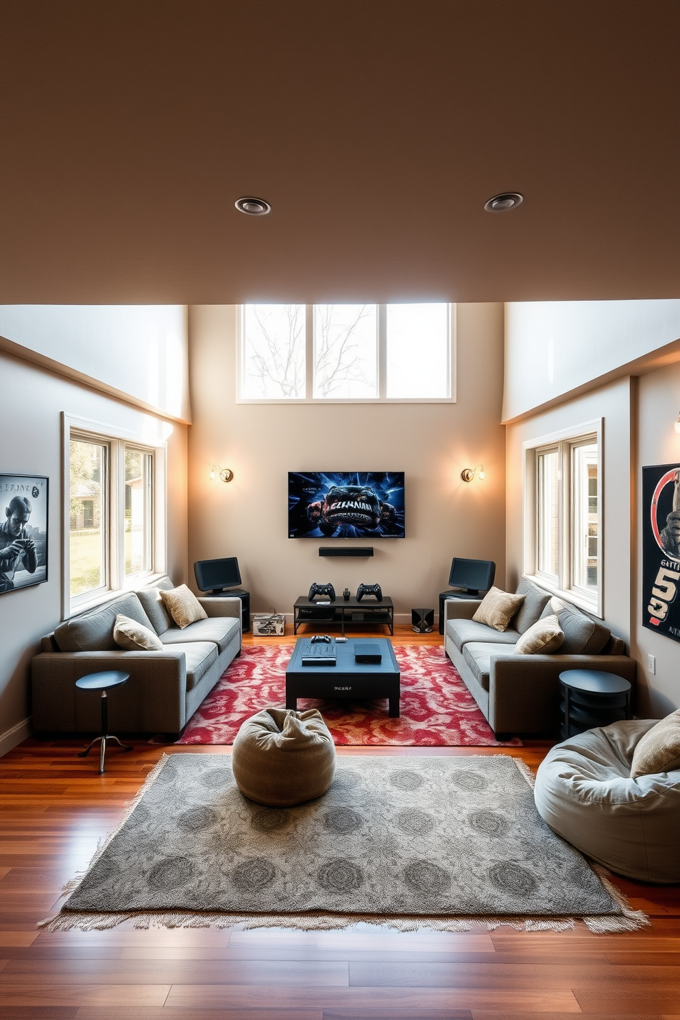 A sunken living room features a cozy, inviting space with plush sectional sofas arranged around a low coffee table. The area is enhanced by a large flat-screen TV mounted on the wall, with gaming consoles and comfortable bean bags positioned nearby for an engaging gaming experience. Natural light floods the room through large windows, highlighting the warm wooden flooring and soft area rugs that define the sunken space. Accent lighting is strategically placed to create a relaxed atmosphere, making it perfect for both gaming and social gatherings.