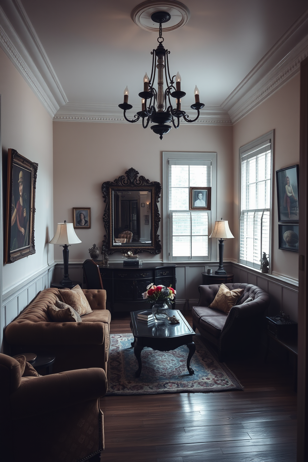 Elegant drapery frames the sunken living room, cascading down from the ceiling to create a luxurious ambiance. The plush seating arrangement is centered around a modern coffee table, inviting relaxation and conversation.