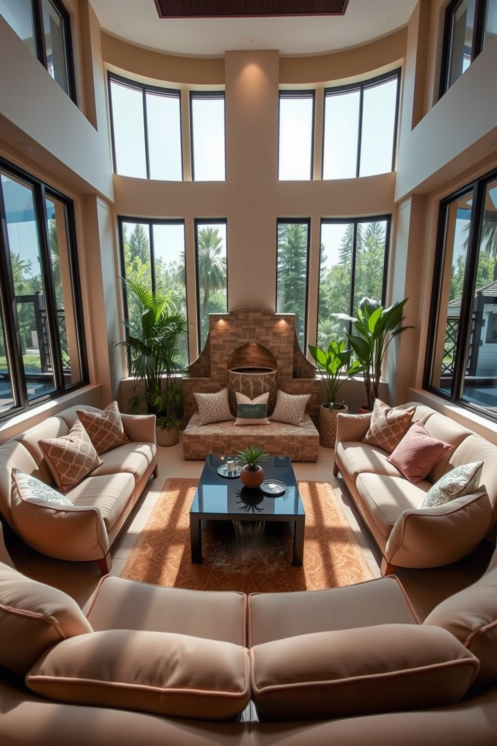 A cozy sunken living room with plush seating arranged in a circular layout. The space is enhanced by a small water feature in the corner, creating a serene ambiance with the gentle sound of flowing water. The walls are adorned with soft, neutral tones, and large windows allow natural light to flood the room. A stylish coffee table sits at the center, surrounded by decorative cushions and a few indoor plants for a touch of greenery.