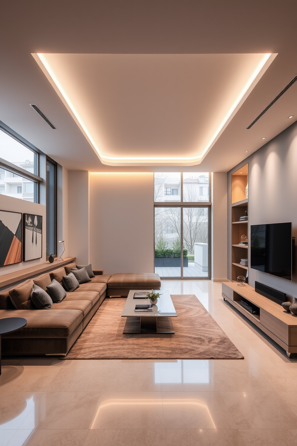 A modern sunken living room features a plush sectional sofa arranged around a sleek coffee table. Ambient lighting is integrated into the ceiling, enhancing the cozy atmosphere while smart home technology controls the lighting and entertainment systems seamlessly. The sunken area is defined by a subtle step down, creating an inviting and intimate space. Floor-to-ceiling windows allow natural light to flood the room, highlighting the contemporary art pieces adorning the walls.