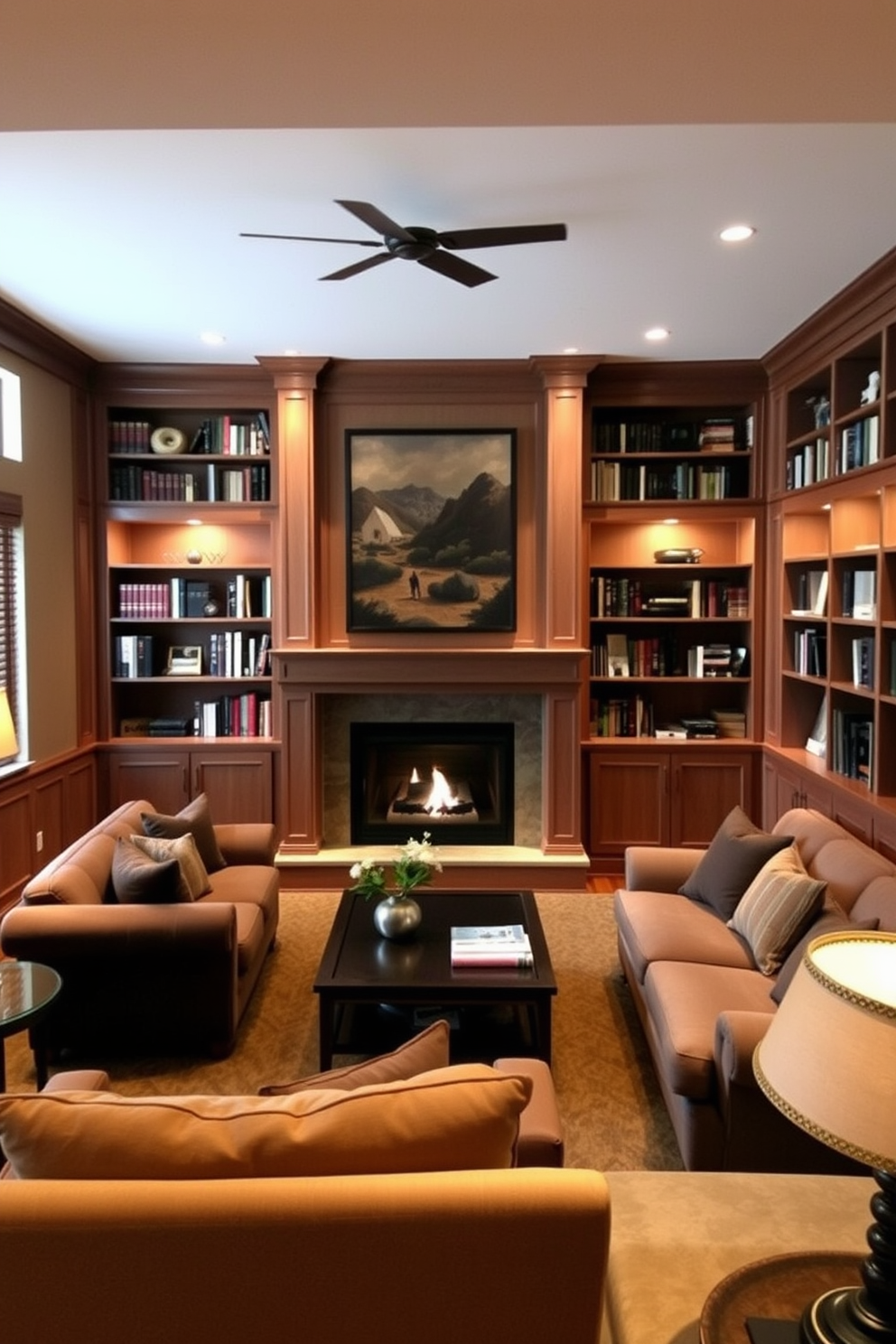 A cozy sunken living room featuring built-in bookshelves along the walls for added storage. The space is adorned with plush seating arrangements and warm lighting, creating an inviting atmosphere.