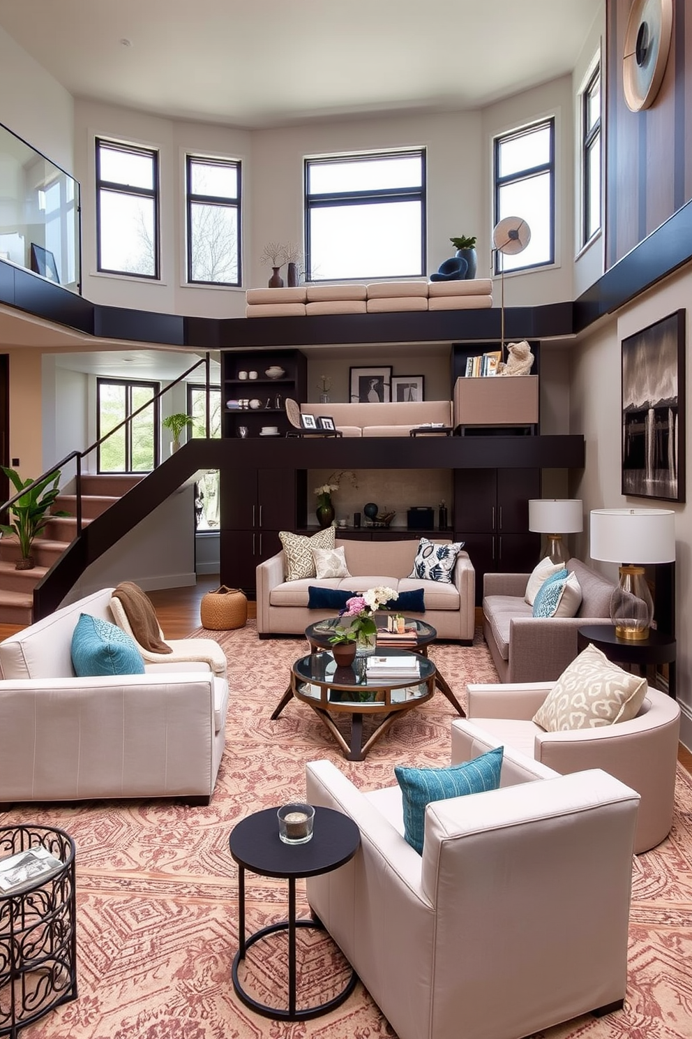 A multi-level seating arrangement creates visual interest in a sunken living room. The design features varying heights with plush sofas and stylish armchairs that invite conversation and comfort.