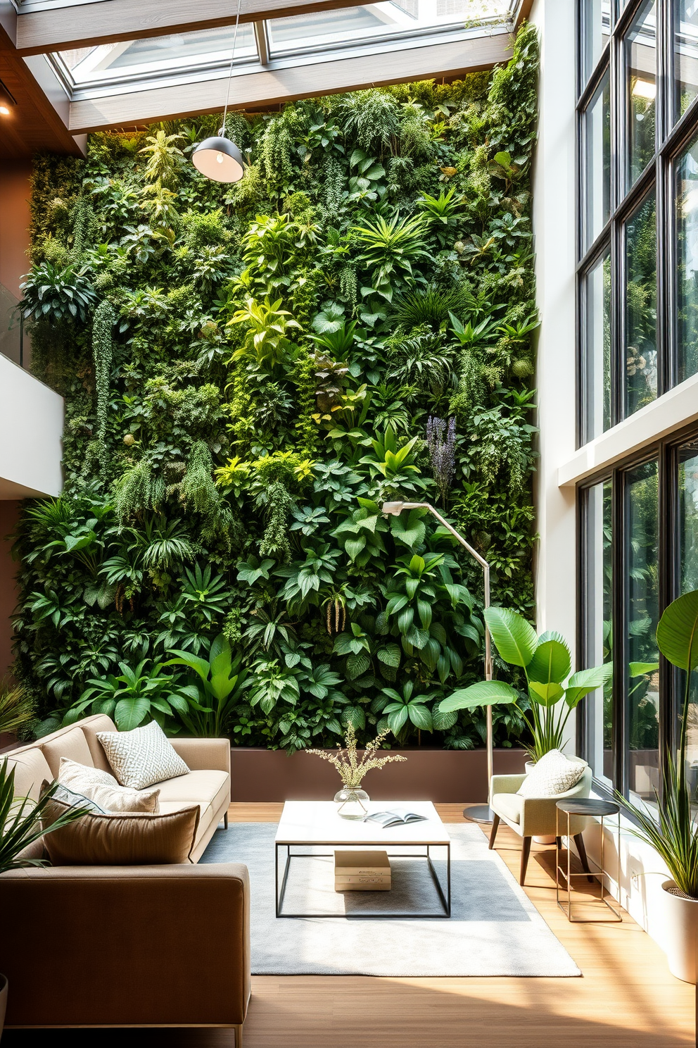 A vibrant plant wall filled with various greenery creates a natural ambiance in the living space. The lush foliage is complemented by a soft, neutral backdrop that enhances the overall tranquility of the area. The sunken living room features plush seating arranged around a modern coffee table. Large windows allow natural light to flood in, highlighting the unique architectural design and creating an inviting atmosphere.