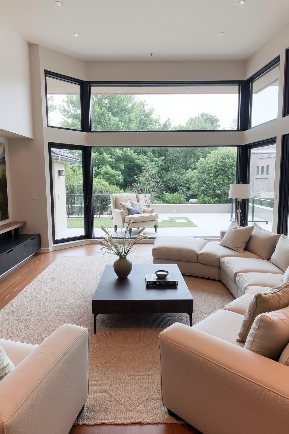 A low coffee table is positioned centrally in the sunken living room, allowing for easy access from the surrounding seating areas. The design features plush sectional sofas in neutral tones, creating an inviting and cozy atmosphere for relaxation and conversation.