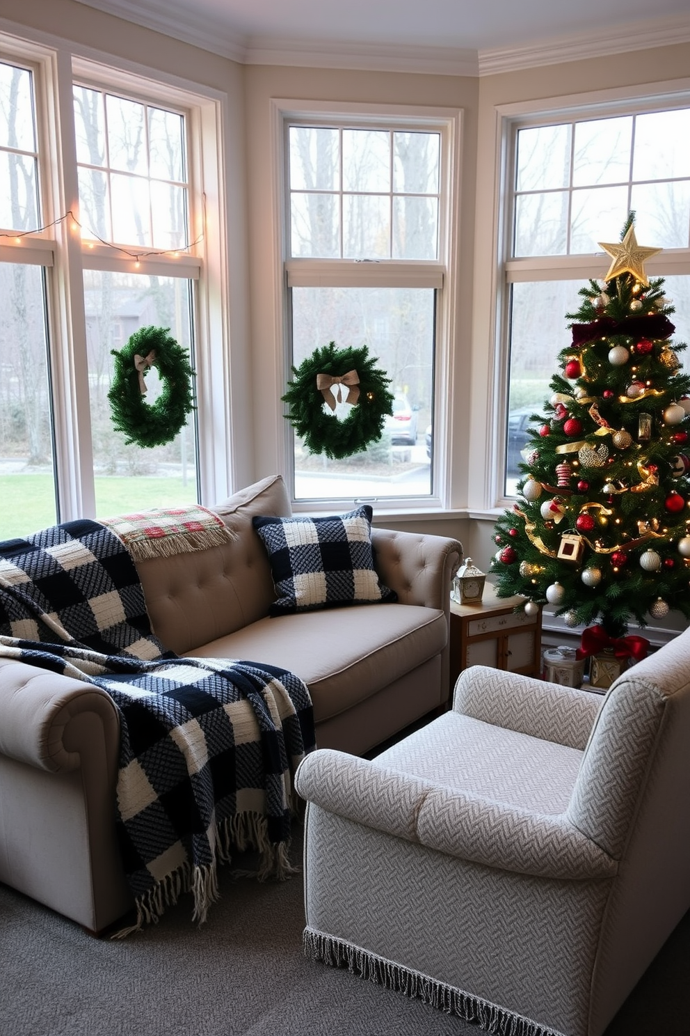 Cozy plaid blankets are draped over a plush sofa and armchair, adding warmth and texture to the sunroom. Large windows allow natural light to flood the space, showcasing festive decorations like twinkling string lights and a beautifully adorned Christmas tree.