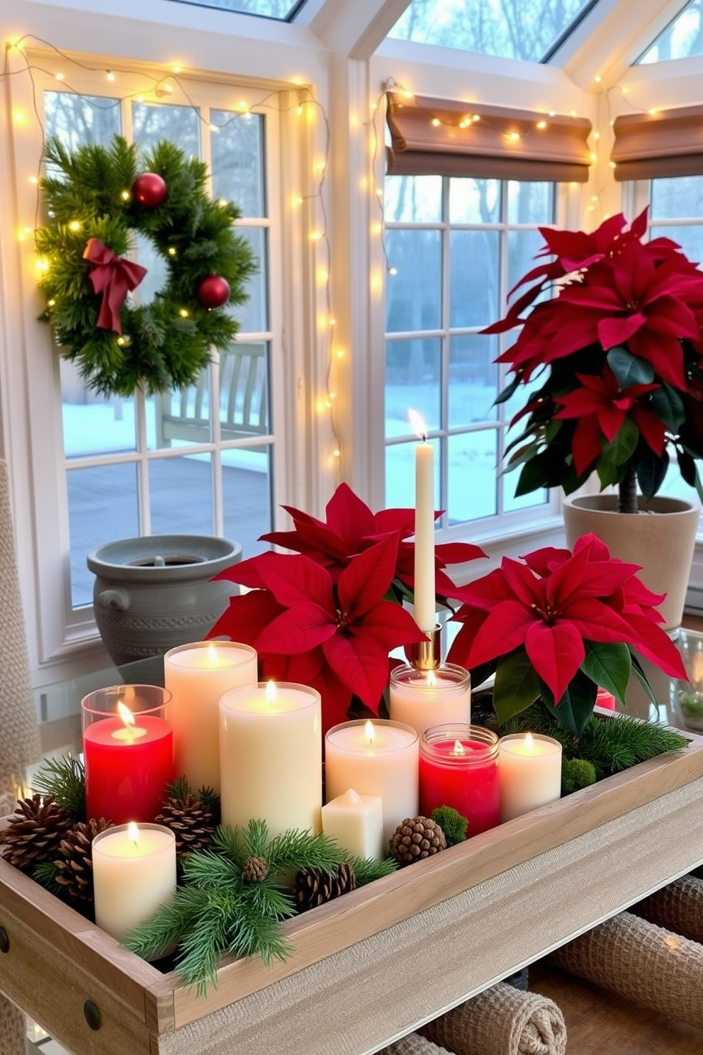 Create a sunroom adorned with colorful ornaments displayed in elegant glass jars. The jars are arranged on a rustic wooden table, surrounded by lush green plants and twinkling fairy lights.