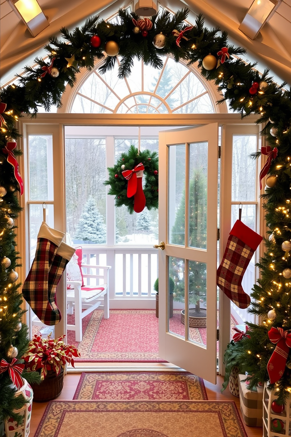 A cozy sunroom adorned for Christmas. Stockings are hung by the entrance, each uniquely designed with festive patterns and colors.