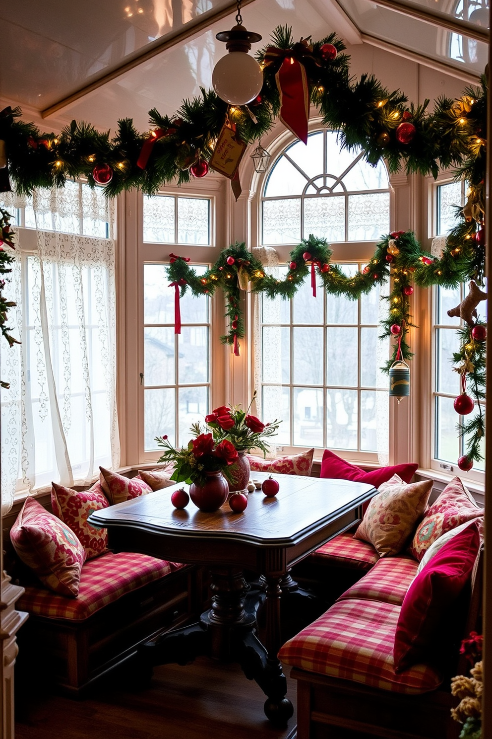 Vintage holiday decor for nostalgic vibes. Imagine a sunroom filled with warm, soft lighting and adorned with classic ornaments and garlands that evoke cherished memories. The windows are draped with lace curtains, allowing natural light to filter through. A cozy seating area features an antique wooden table, surrounded by plush cushions in festive colors, creating an inviting space for holiday gatherings.