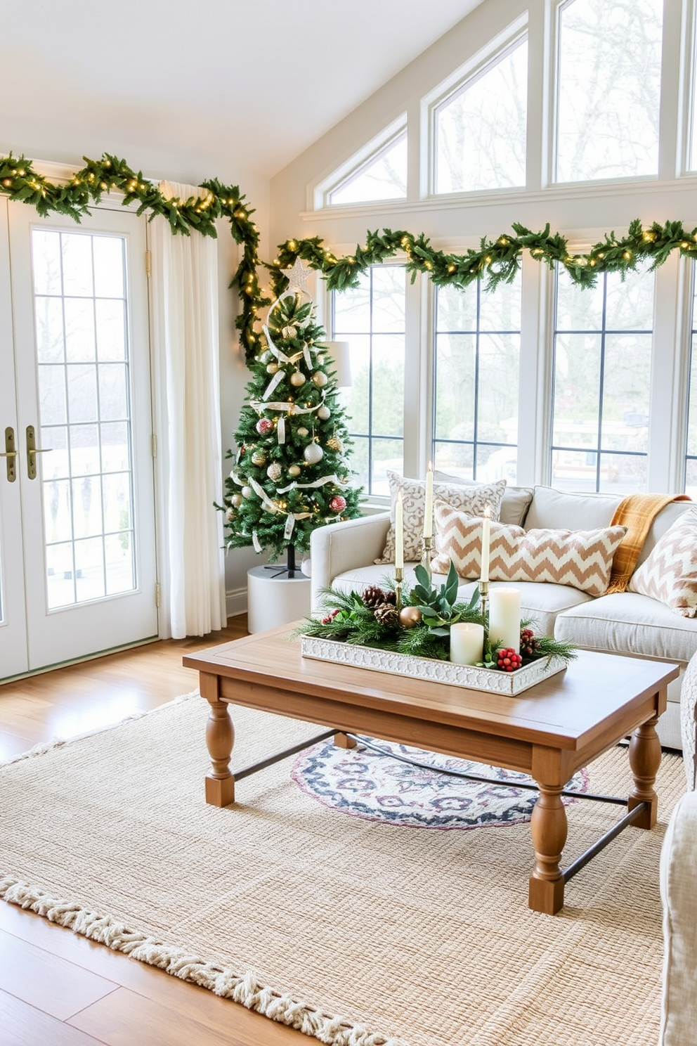 A cozy sunroom adorned for Christmas features lush green plants decorated with twinkling fairy lights that create a warm and inviting atmosphere. The space is filled with festive accents like red and gold ornaments, a plush throw blanket draped over a comfortable chair, and a small Christmas tree in the corner, enhancing the holiday spirit.