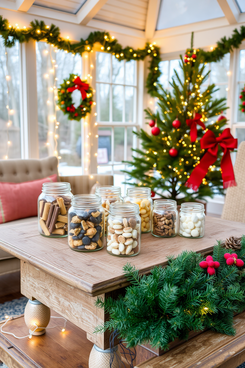 A cozy sunroom adorned for Christmas features glass jars filled with an assortment of holiday treats. The jars are arranged on a rustic wooden table, surrounded by twinkling fairy lights and festive greenery.